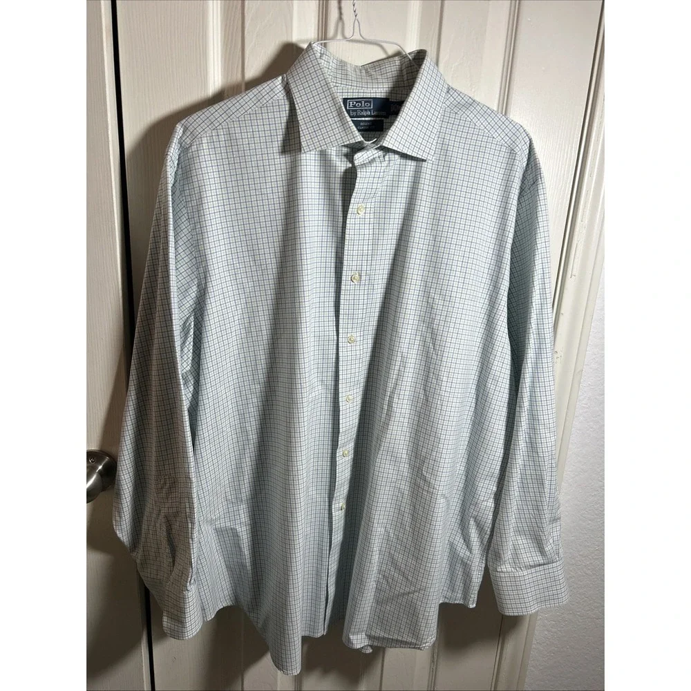 Polo Ralph Lauren Plaid Button Down Shirt Mens 18 34/35 Blue Pony Long Sleeve